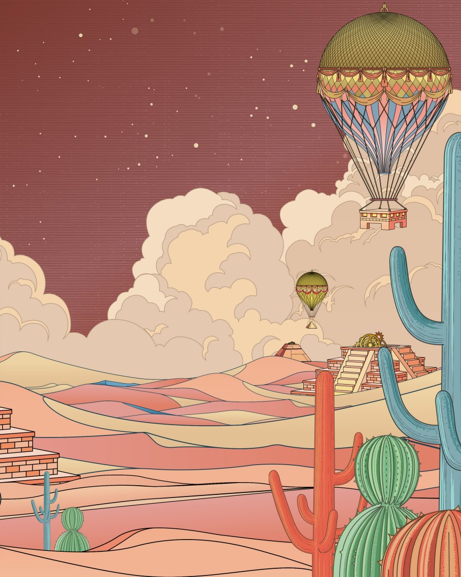 Red desert landscape with hot balloons in the sky